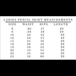 Pencil skirt size chart